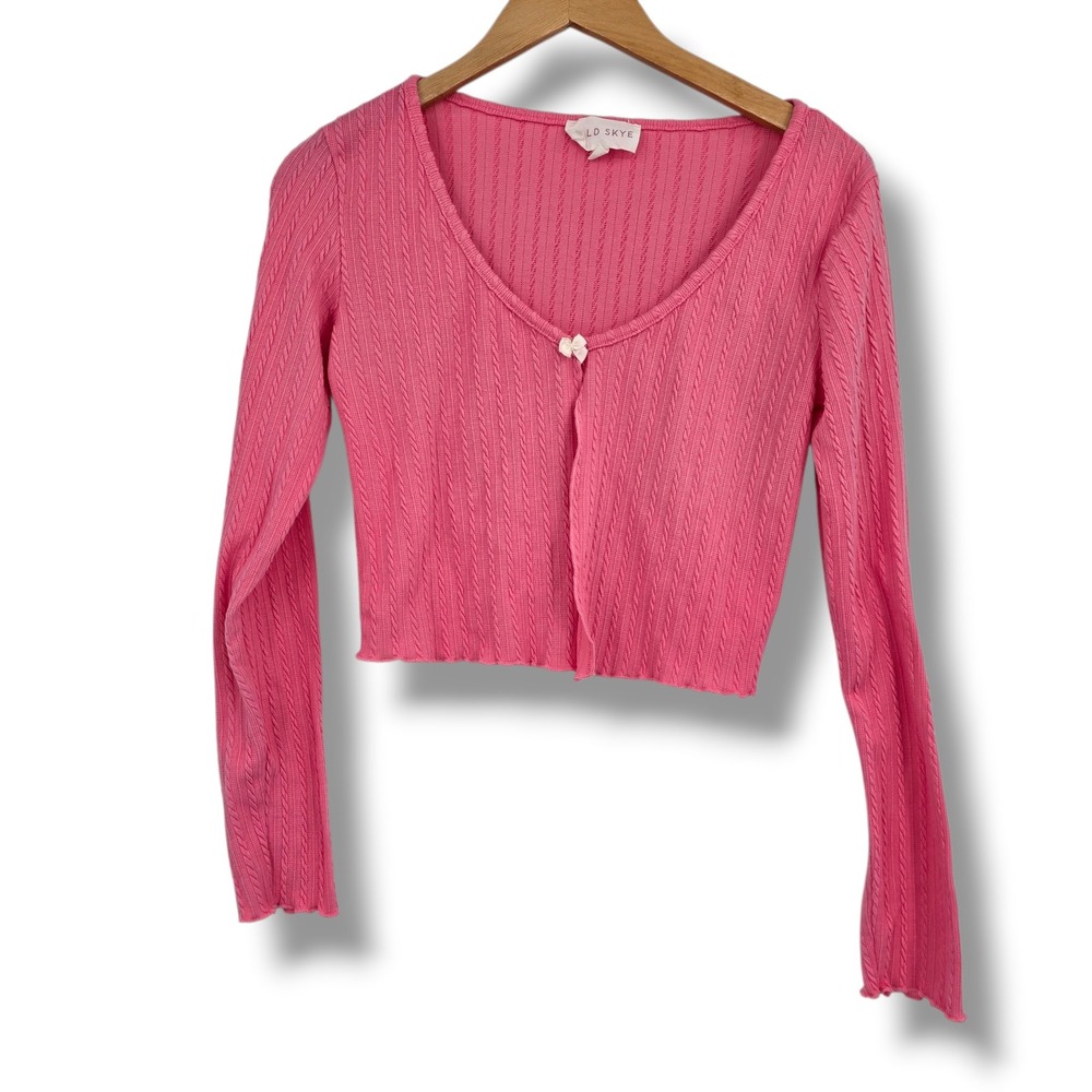 Wild Skye Pink Cable Knit Cropped Cardigan Bow Detail Lettuce Edge Womens Medium